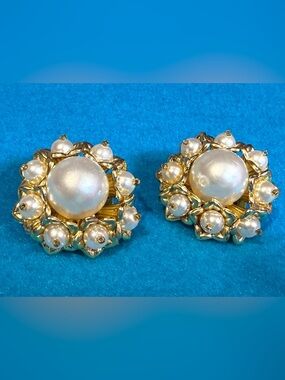 Vintage French Flower Faux Pearl Large Earrings
